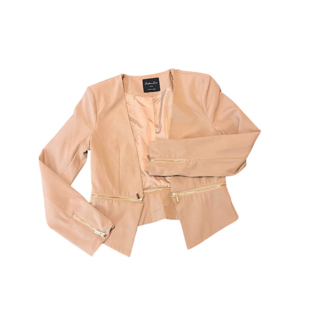 Endless Love Beige Moto Jacket Small Gold Zip Peplum